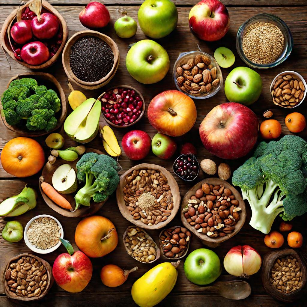 Полезные для нейродермита продукты на столе: фрукты, овощи, орехи.