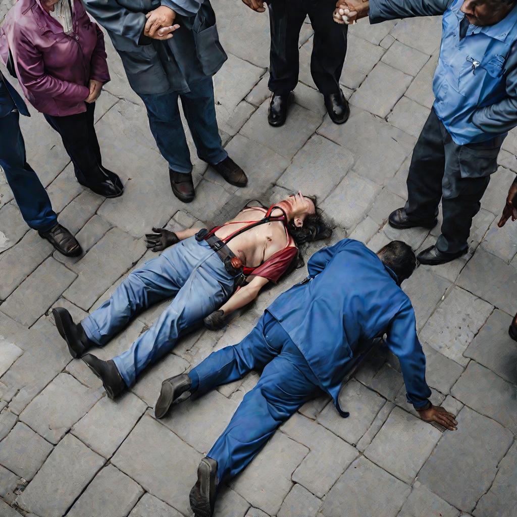 Вид сверху: реанимация человека на улице; незнакомцы делают массаж сердца и искусственное дыхание
