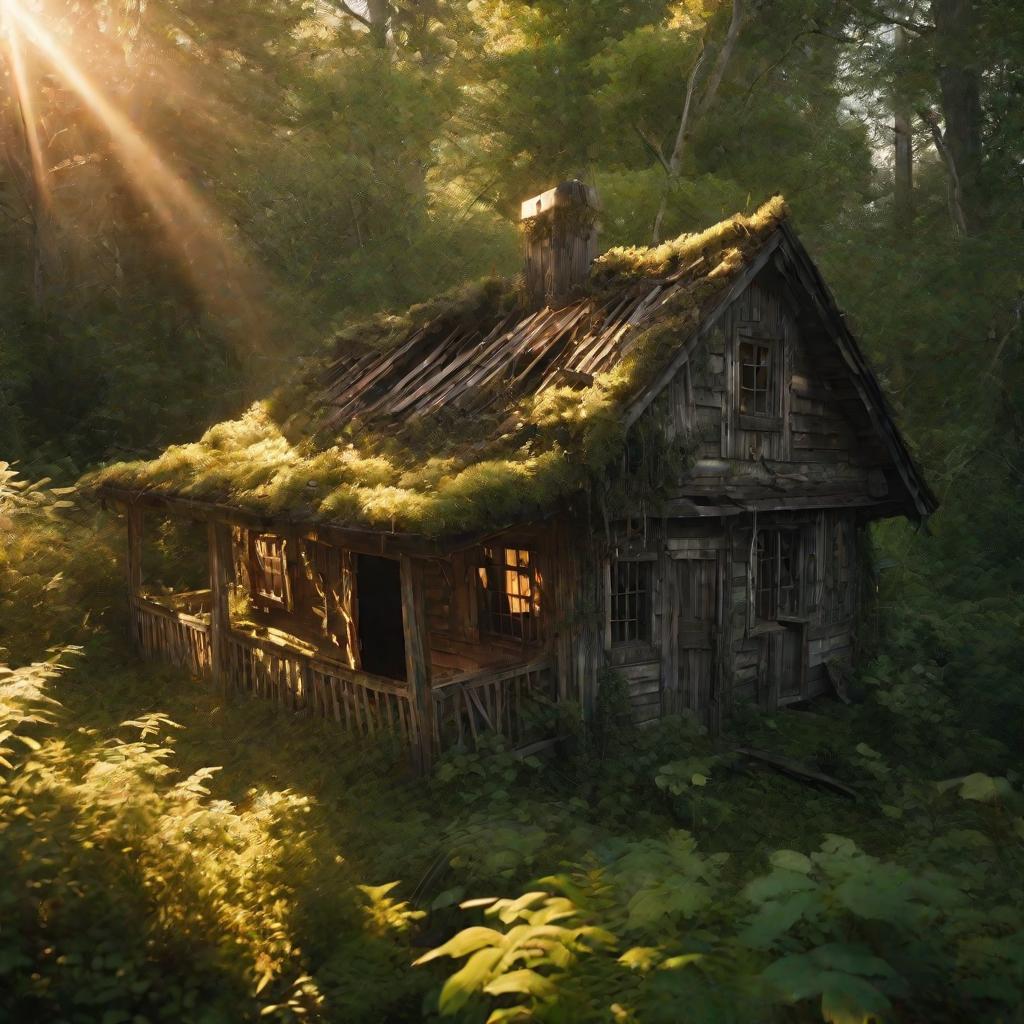 Домик домового в лесу на рассвете