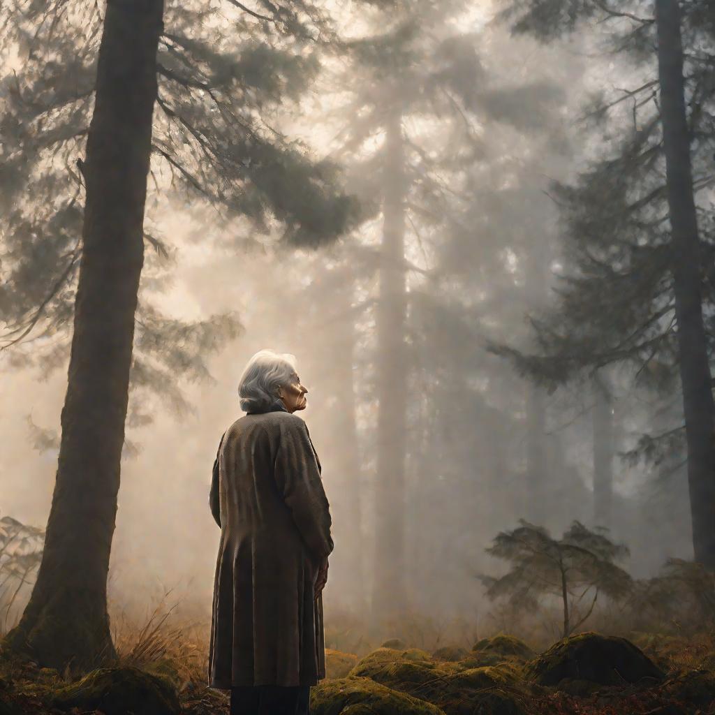Одинокая пожилая женщина с тремором в лесу