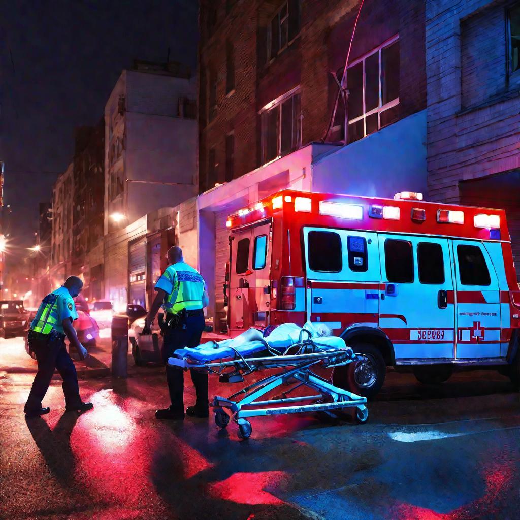 Ночная драматичная городская уличная сцена, освещенная неоновыми огнями, на которой медицинские работники помогают пациенту с травмой ноги забраться в заднюю часть машины скорой помощи. Освещение неоново-синее и красное с светящимися носилками, демонстрир