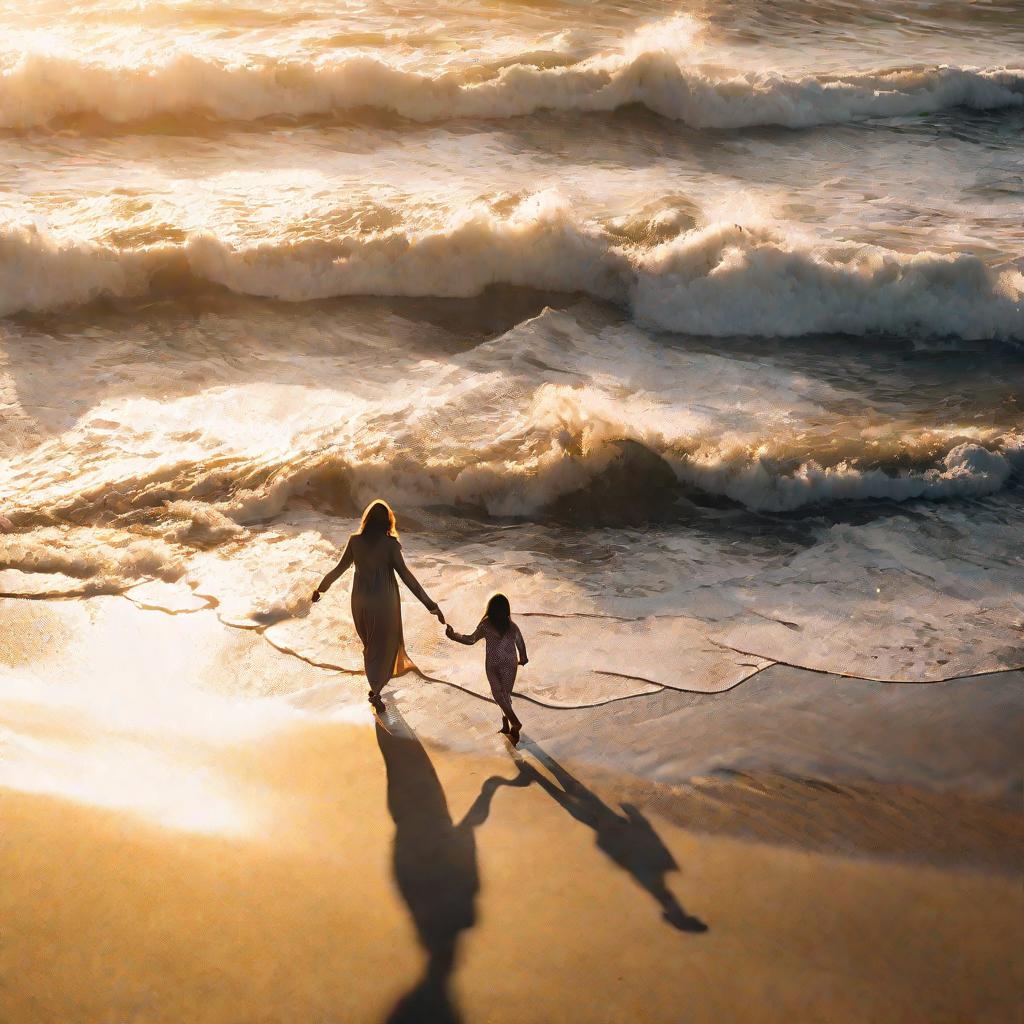 Вид сверху на закате, как мать идет по пляжу, придерживая беременный живот, заботясь о нерожденном ребенке внутри нее. Сквозь набегающие волны пробивается золотистый солнечный свет