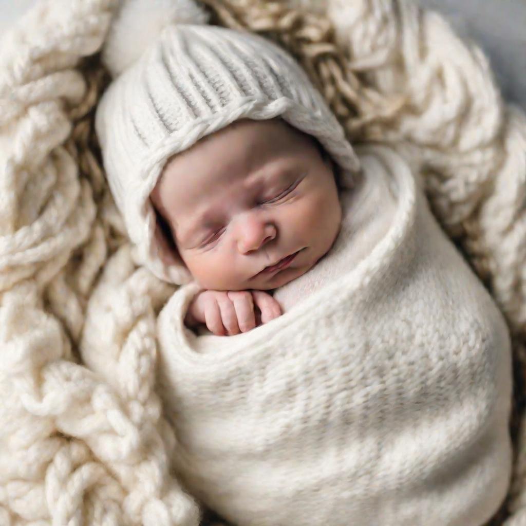 Милый новорожденный спит спокойно в мягком белом одеяльце и вязаной шапочке, довольный после того, как желточный мешок заботился о нем в утробе матери.