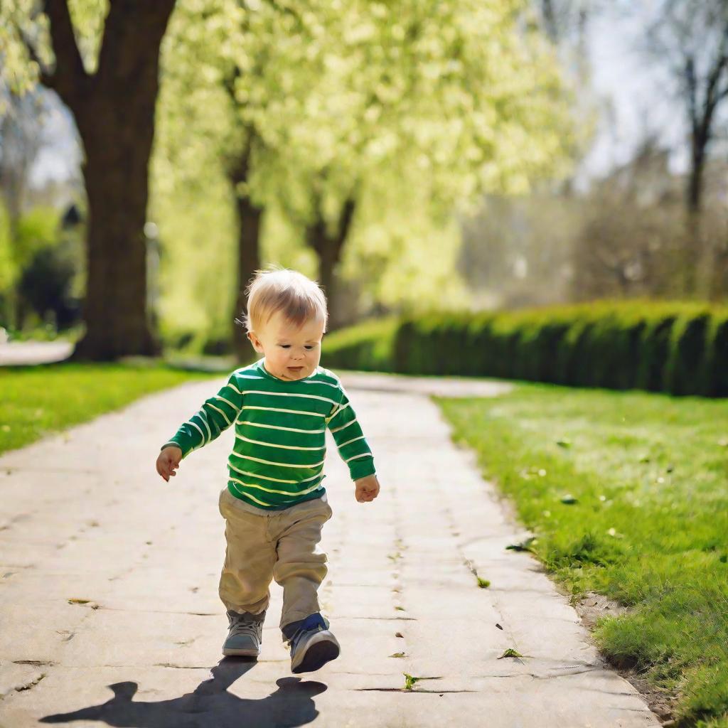 Маленький мальчик, шатко идущий по тротуару и держащийся за руку взрослого
