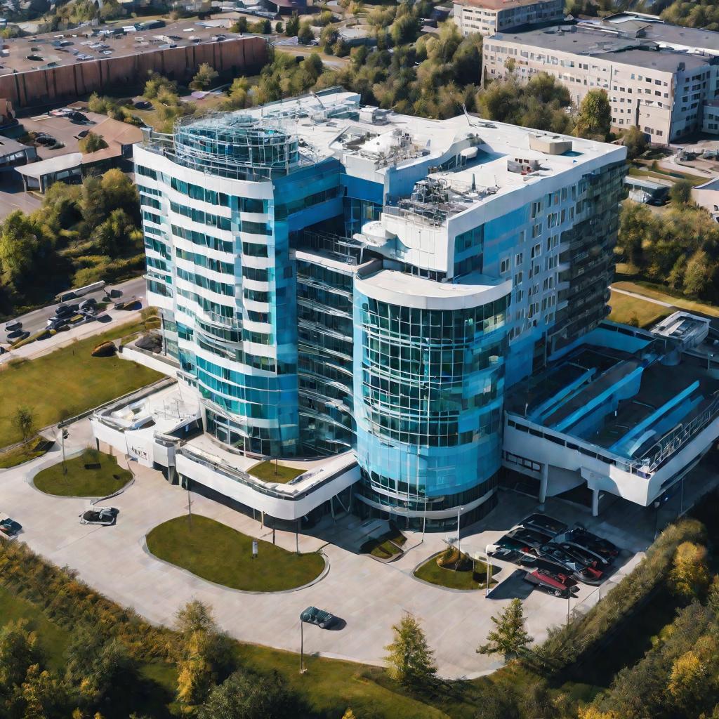 Вид сверху на современное 5-этажное здание больницы в солнечный день. Много окон, вертолетная площадка на крыше, вокруг припаркованы машины. Люди идут в активно работающую больницу. Чистое голубое небо.