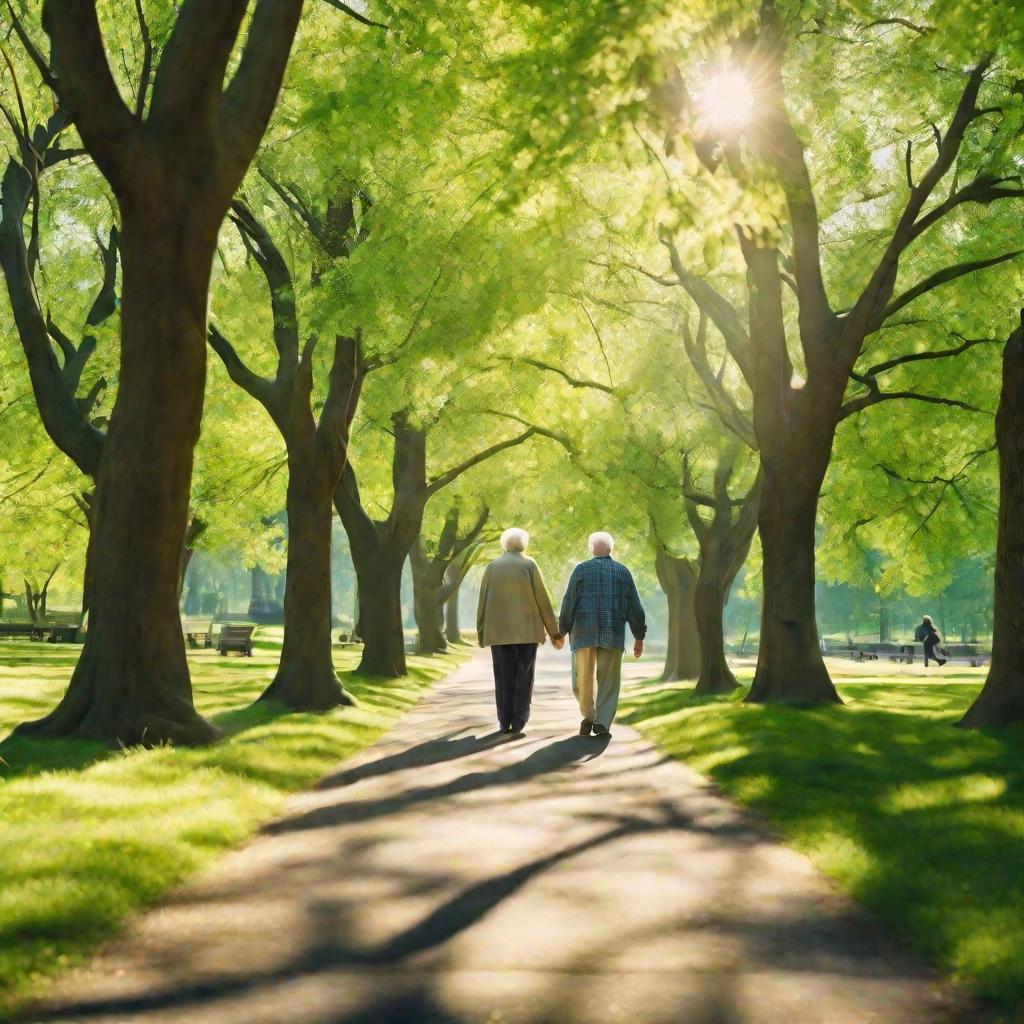 Пожилая пара гуляет по парку в солнечный день