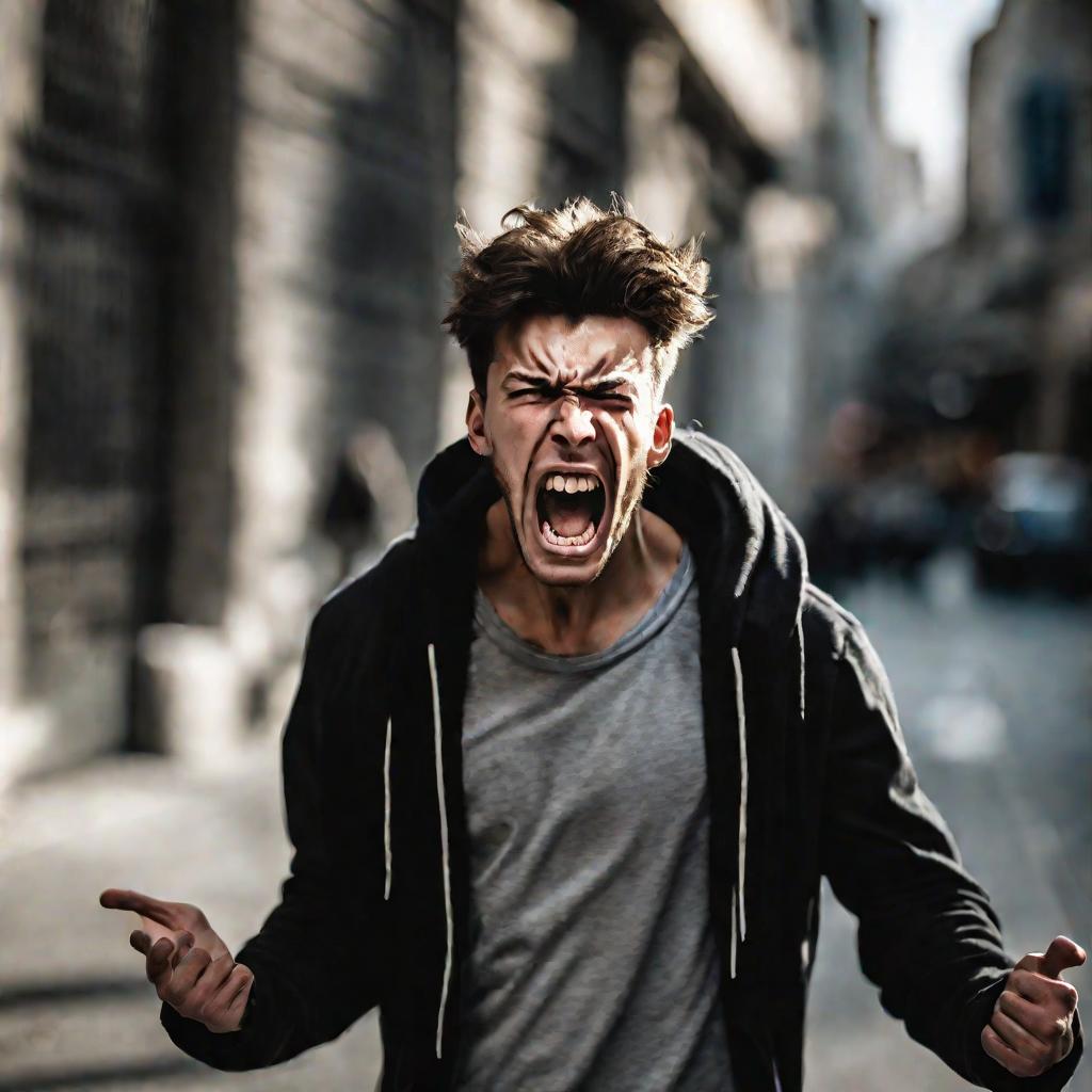Портрет злого молодого человека, кричащего на улице.