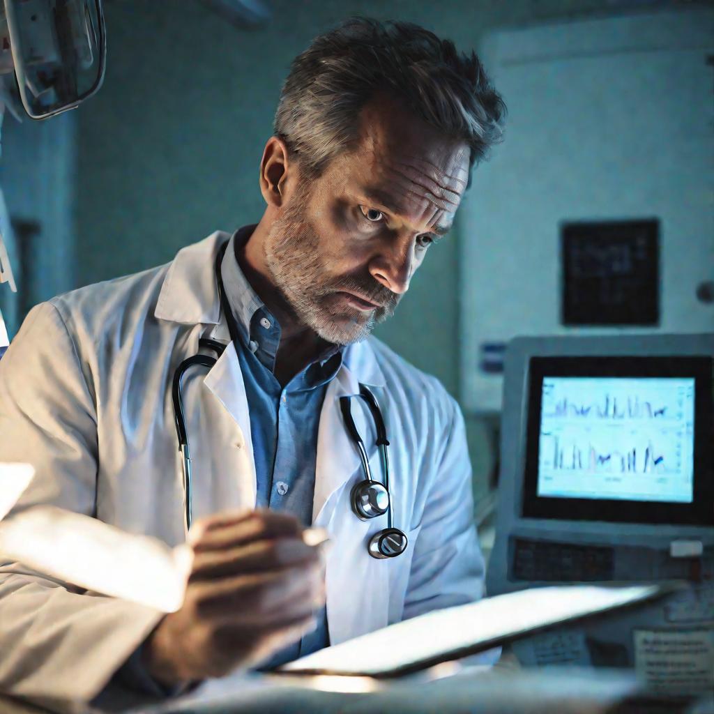 Портрет врача в белом халате, обеспокоенно смотрящего на результаты анализов в больничной палате, диагноз - лейкоз