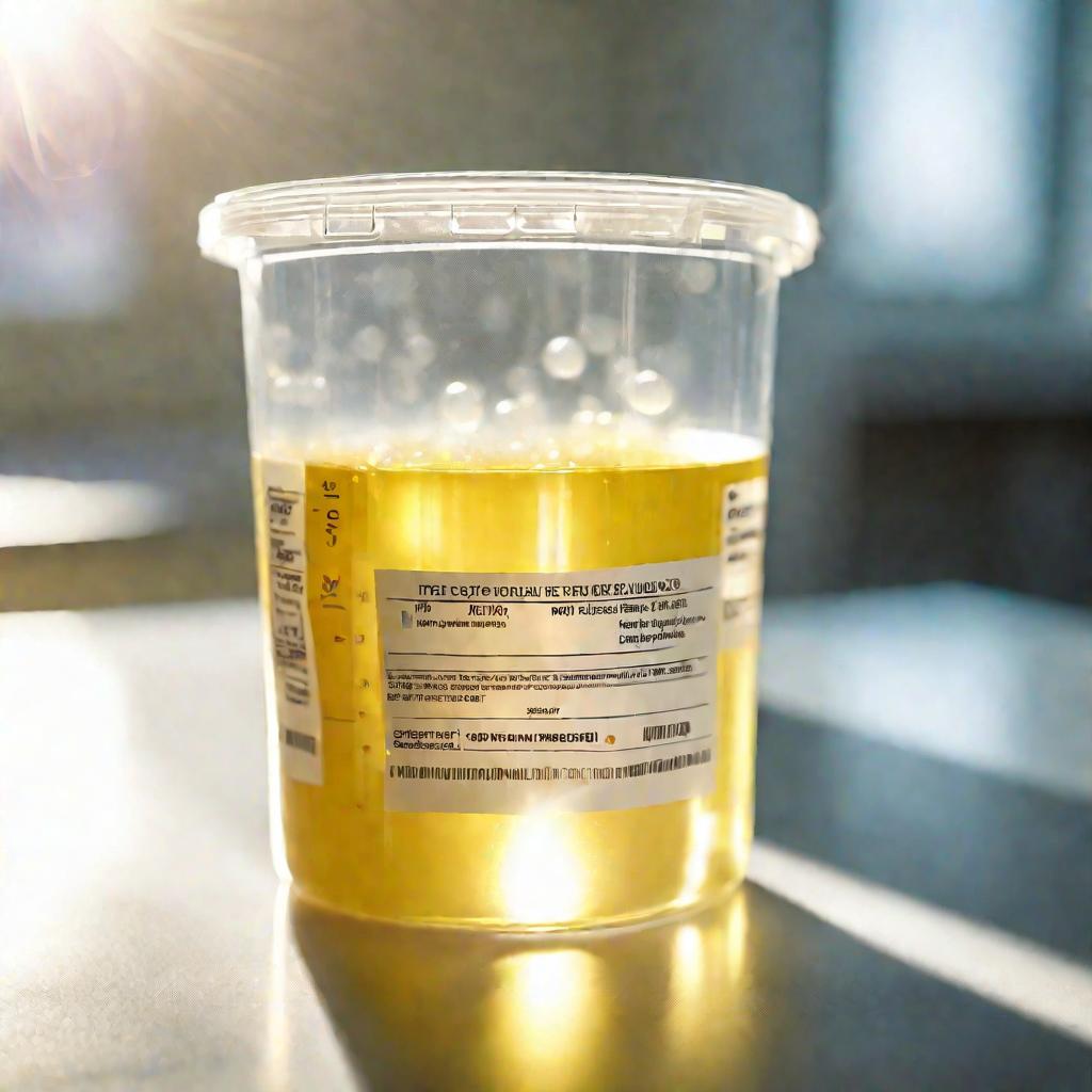Безупречно чистый образец утренней мочи в стеклянном медицинском контейнере с этикеткой пациента и результатом анализа, показывающим высокий уровень белка.