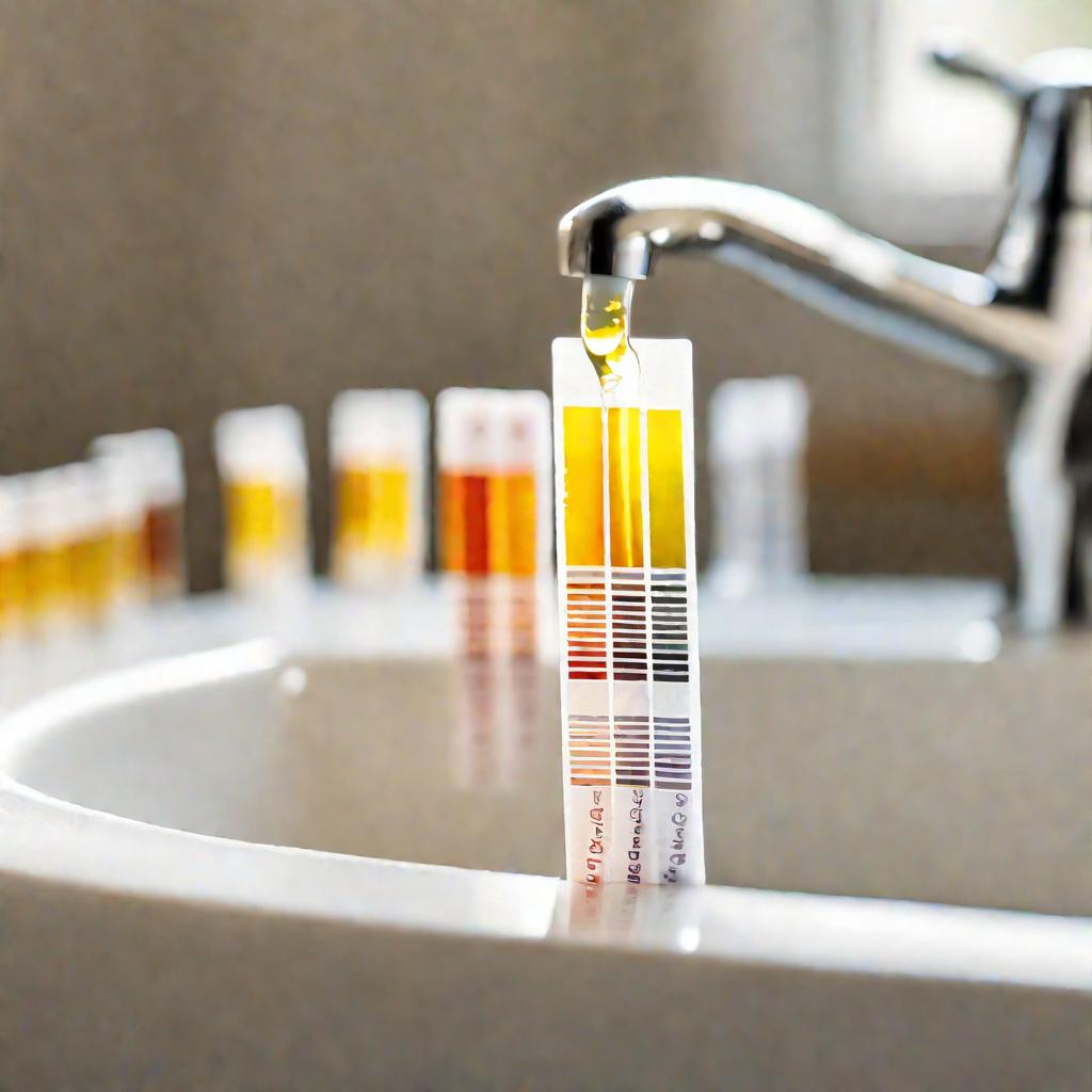 Различные индикаторные полоски для анализа мочи на белок лежат на раковине в ванной, несколько из них показывают повышенный уровень белка.