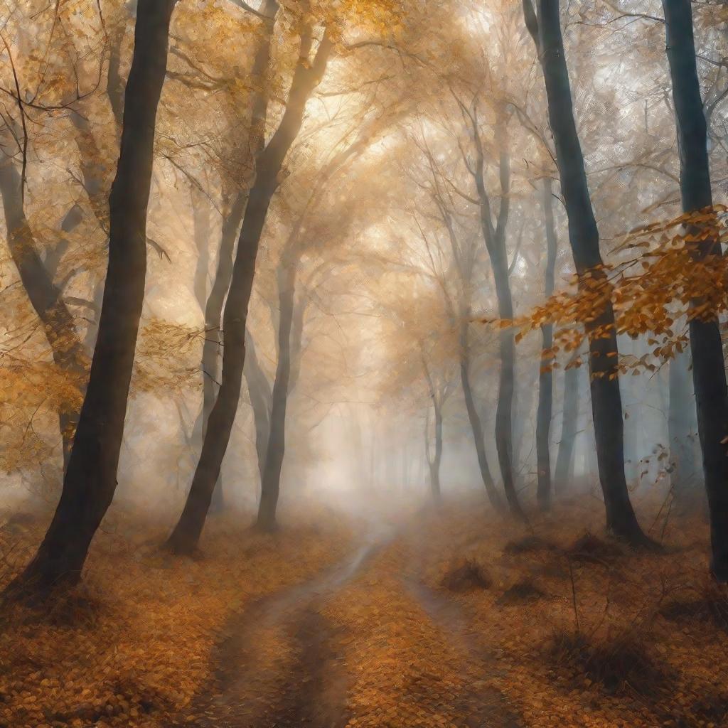 Мистический осенний лес в тумане с паутиной между деревьев