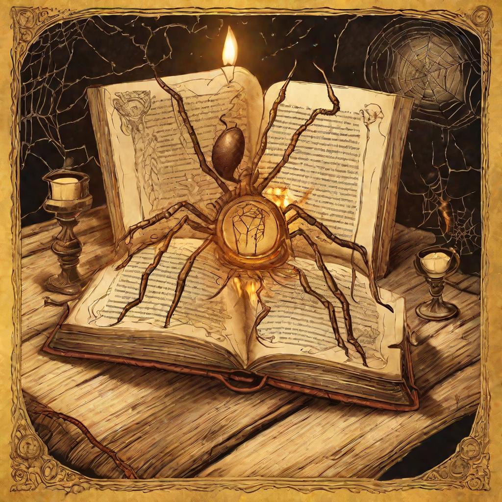 Старинная книга с изображениями пауков при свечах