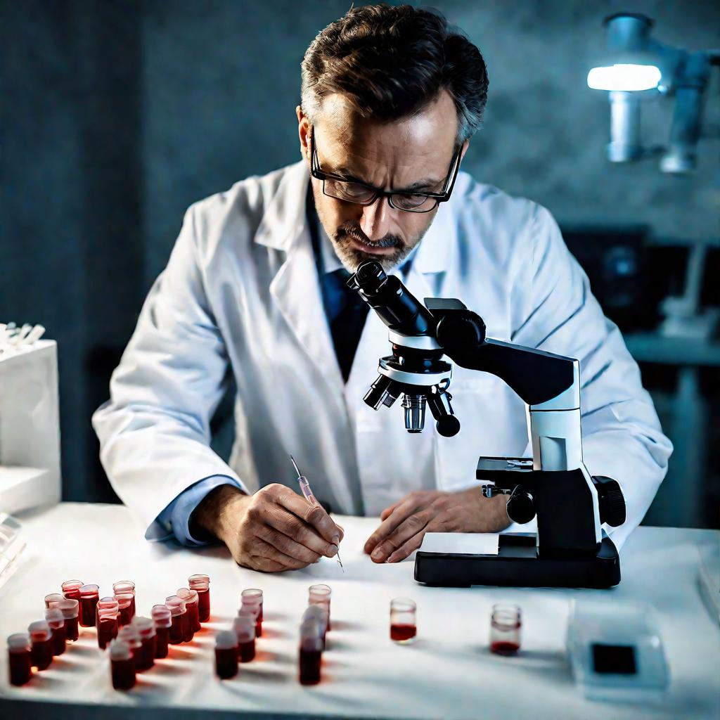 Врач в белом халате изучает образец крови под микроскопом в лаборатории