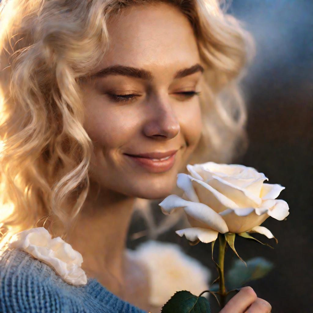 Женщина-Весы в синем свитере держит белую розу и задумчиво улыбается на золотистом фоне