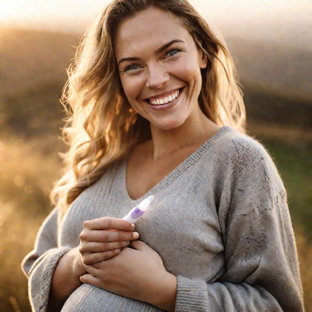 Беременная держит тест с улыбкой