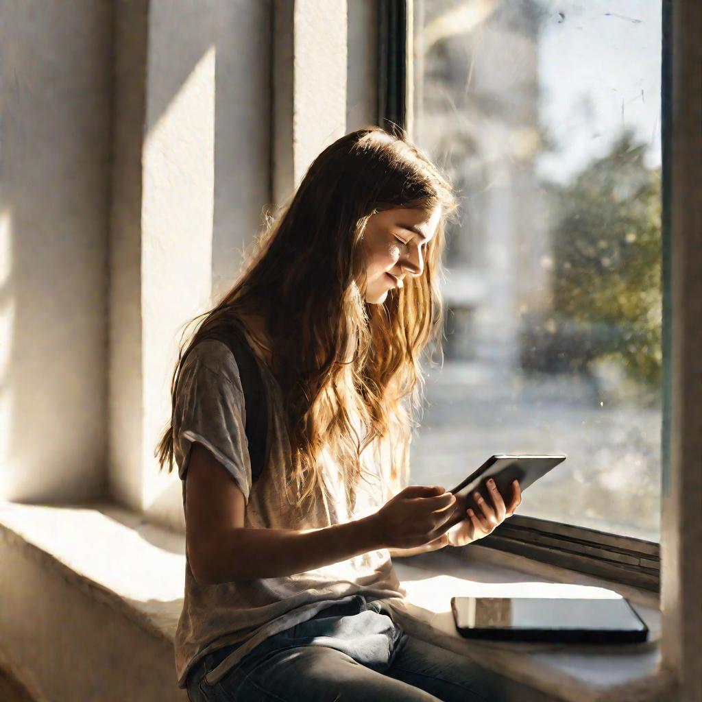 Девушка читает текст на планшете у окна