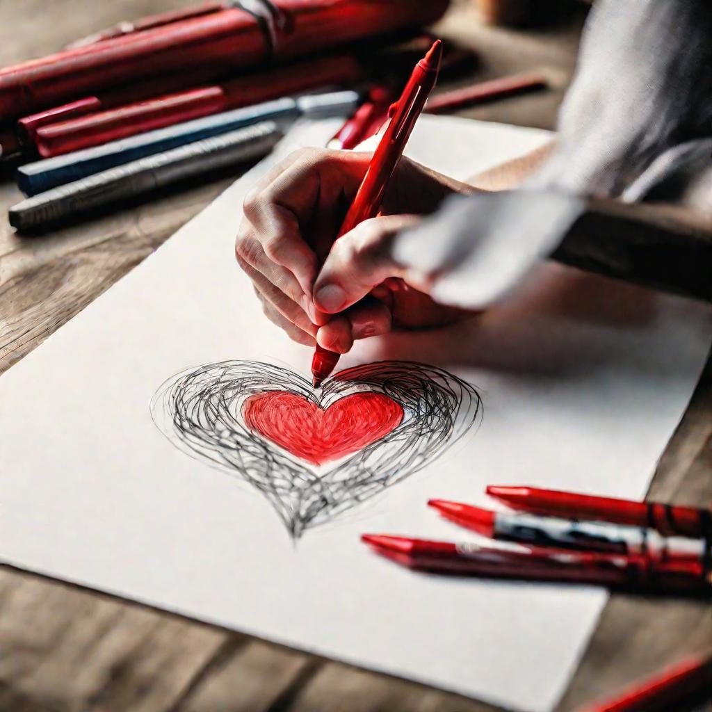 Рука рисует сердце ручкой на бумаге