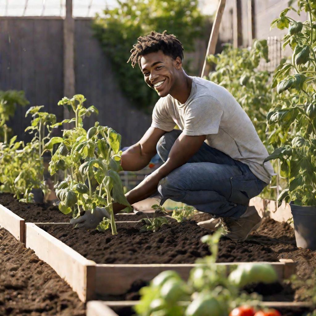 Молодой человек поливает томаты в городском саду