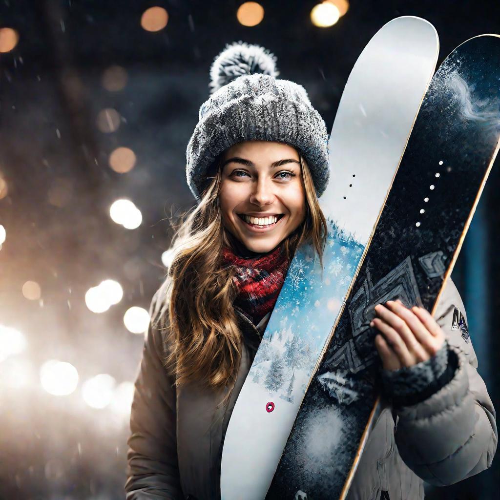 Бодрая молодая девушка в зимней одежде анализирует абсолютно новый сноуборд, который она держит. Драматическое боковое студийное освещение выделяет блестящие металлические края доски на темном фоне. Нечеткая глубина резкости подчеркивает замысловатые узор
