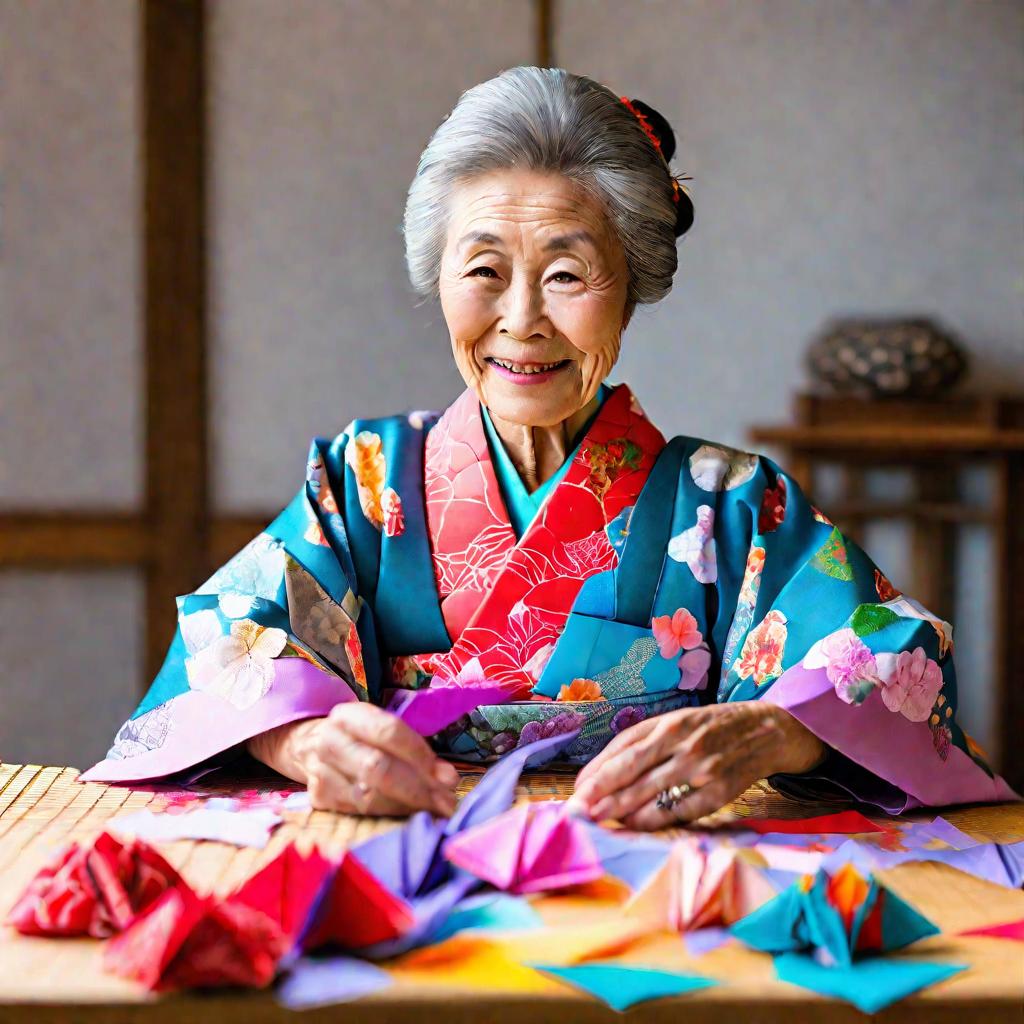 Пожилая японка демонстрирует складывание оригами розы