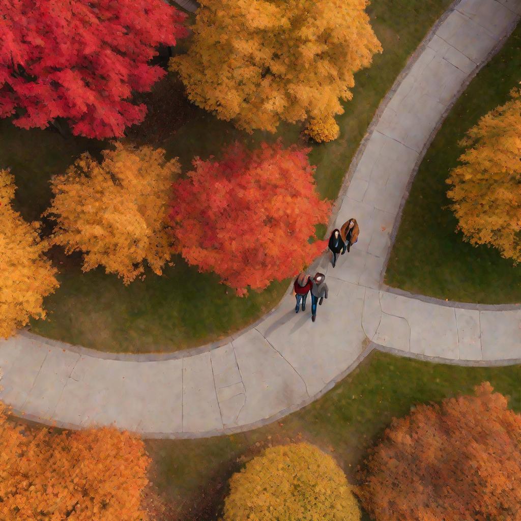 Парень и девушка гуляют по парку осенью