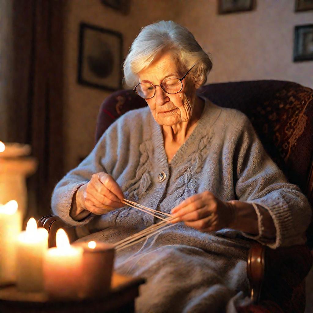 Бабушка вяжет тапочки при свечах
