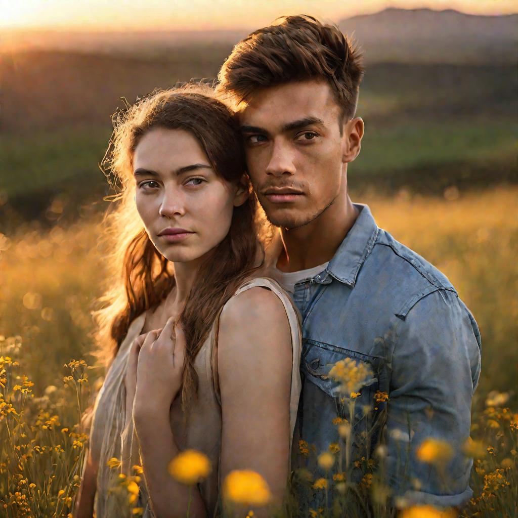 Портрет молодого человека и девушки во время заката