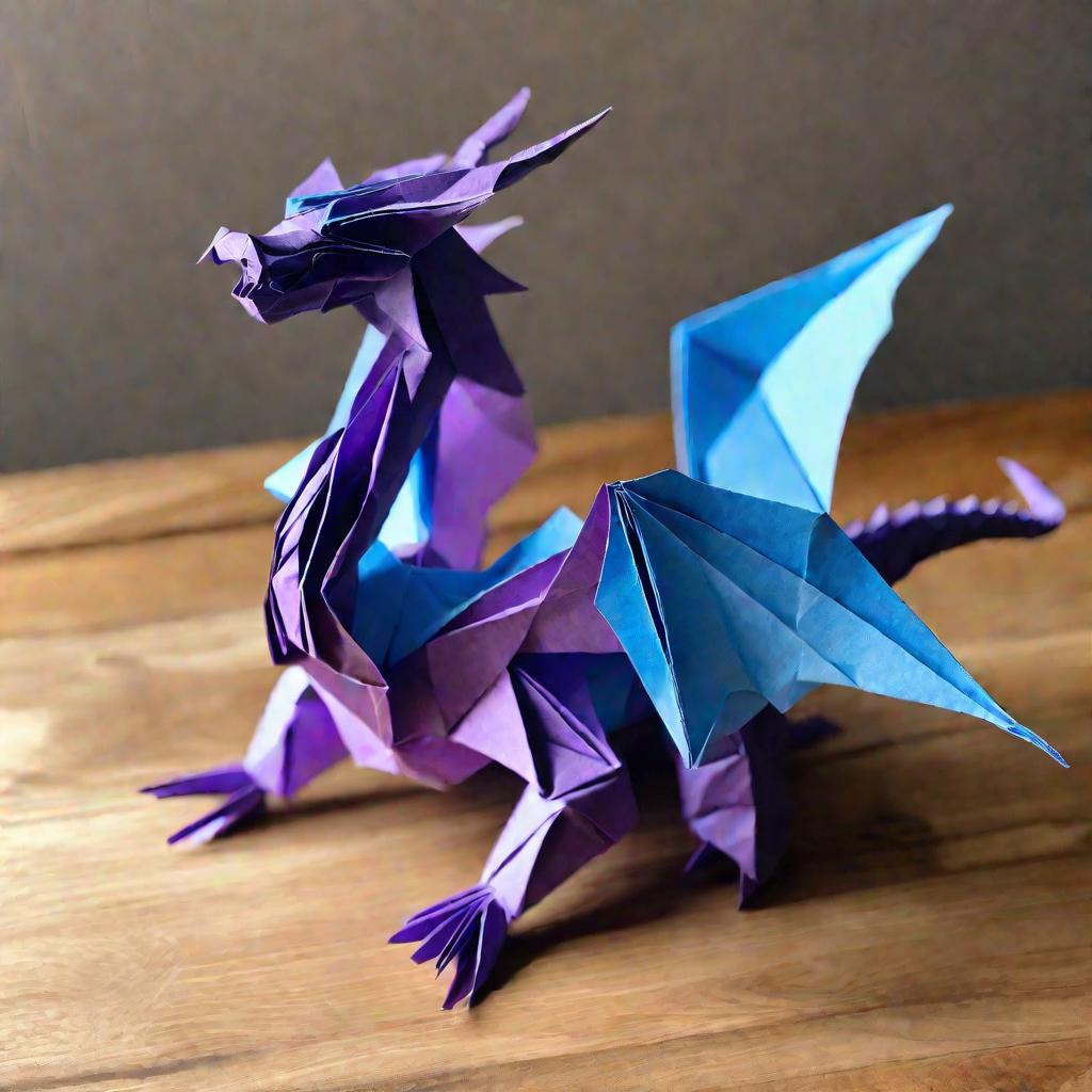 Вид сверху на замысловатого оригами дракона из переливающейся сине-фиолетовой бумаги, скрученного на деревянной поверхности с расправленными крыльями, освещенного теплым светом сбоку.