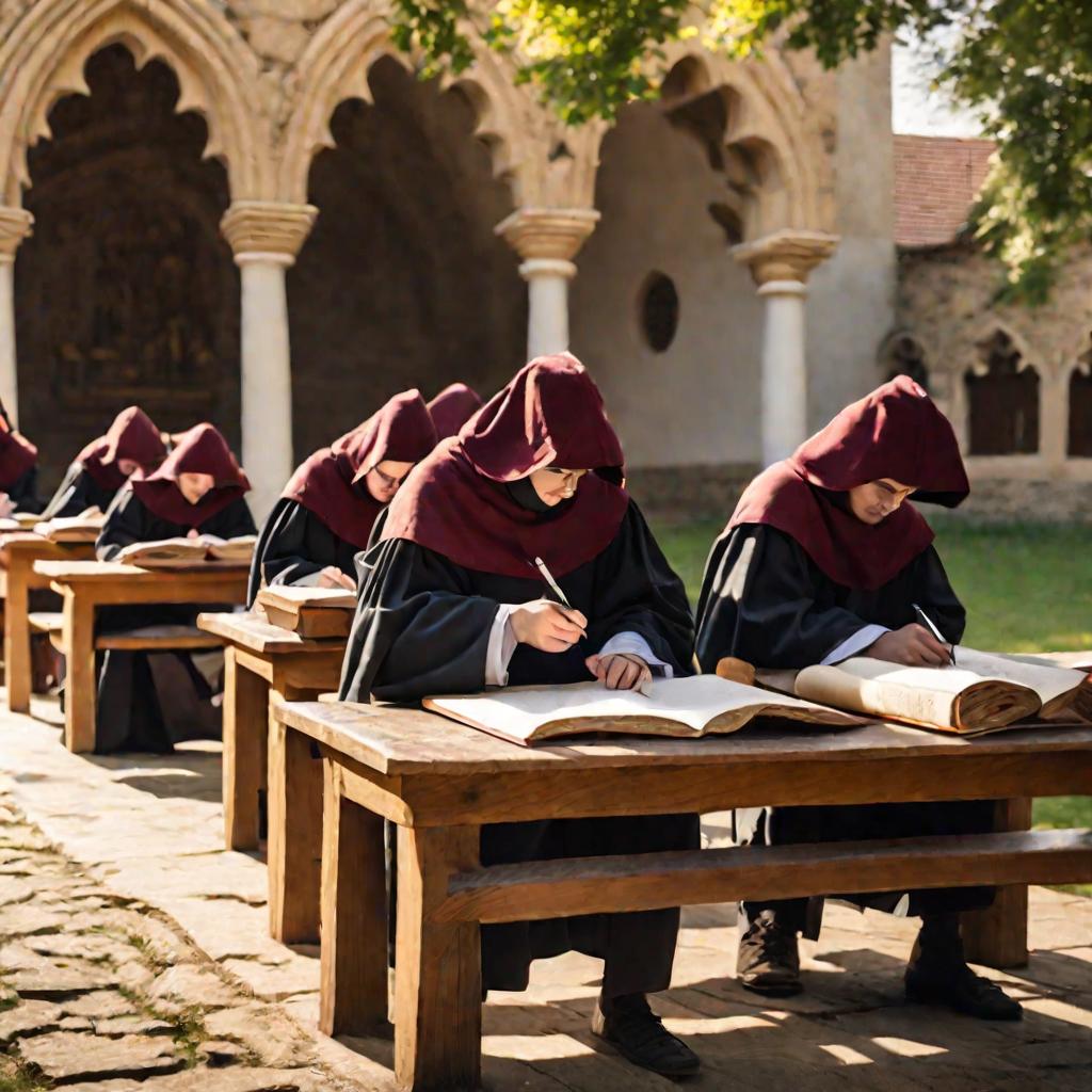 Студенты пишут лекцию монаха в монастыре
