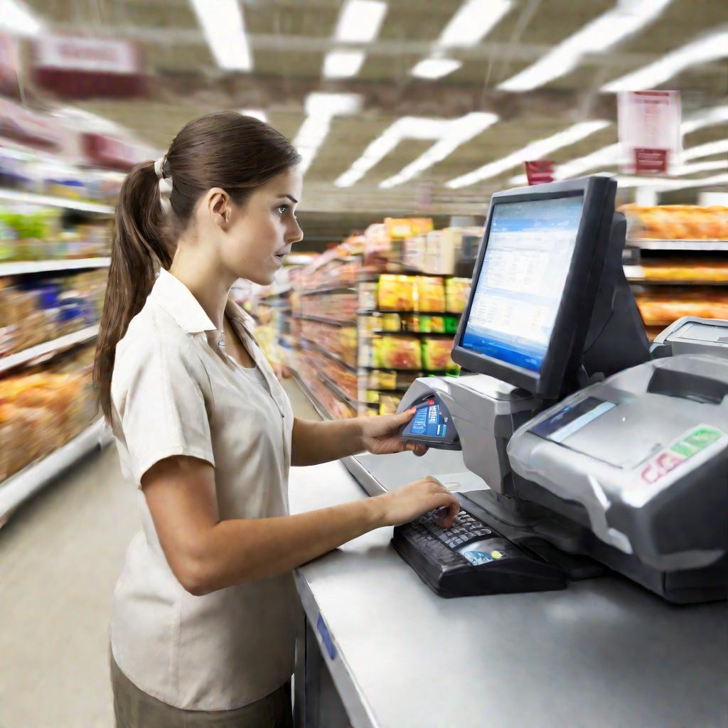 Женщина-кассир пробивает покупки клиента в супермаркете