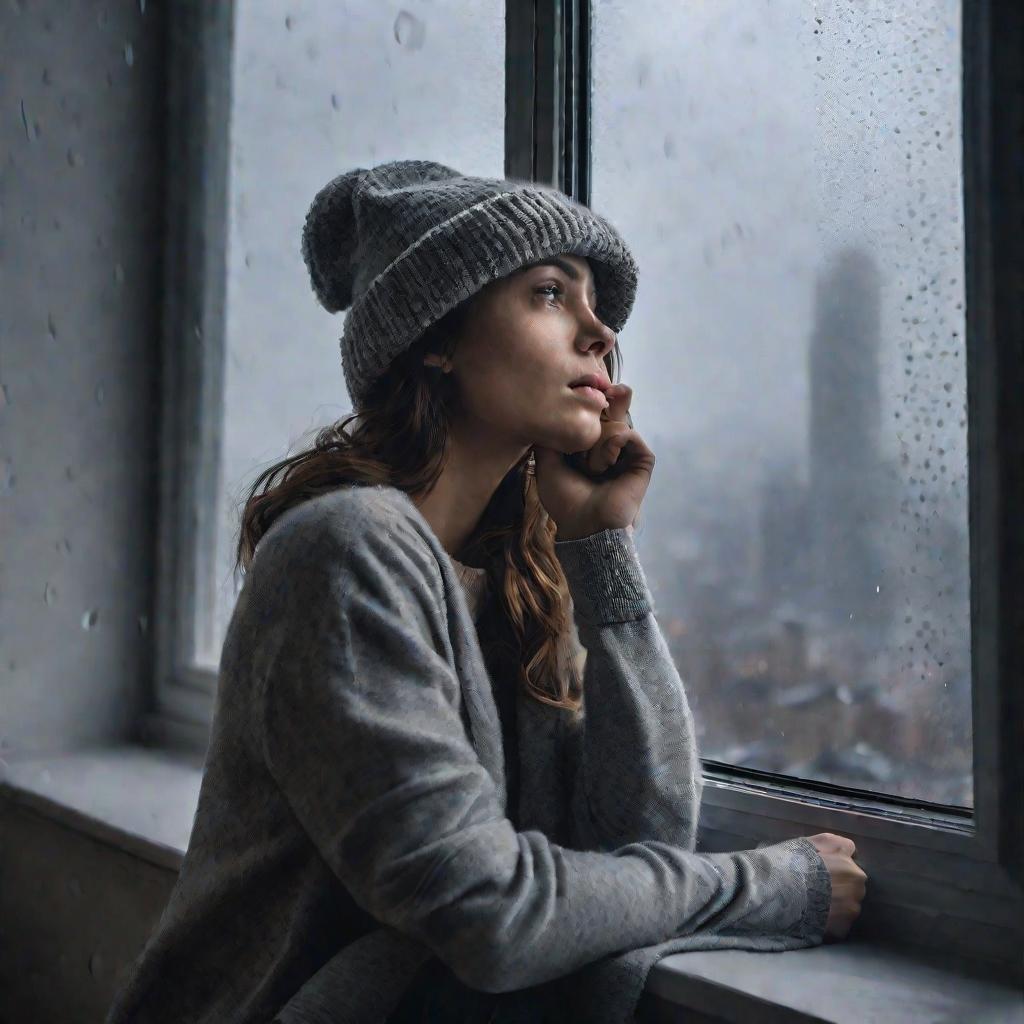 Грустная девушка смотрит в окно в шерстяной шапке, прижимая салфетку к губе