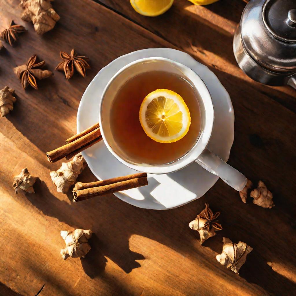 Чашка имбирного чая с лимоном и корицей на столе в кафе