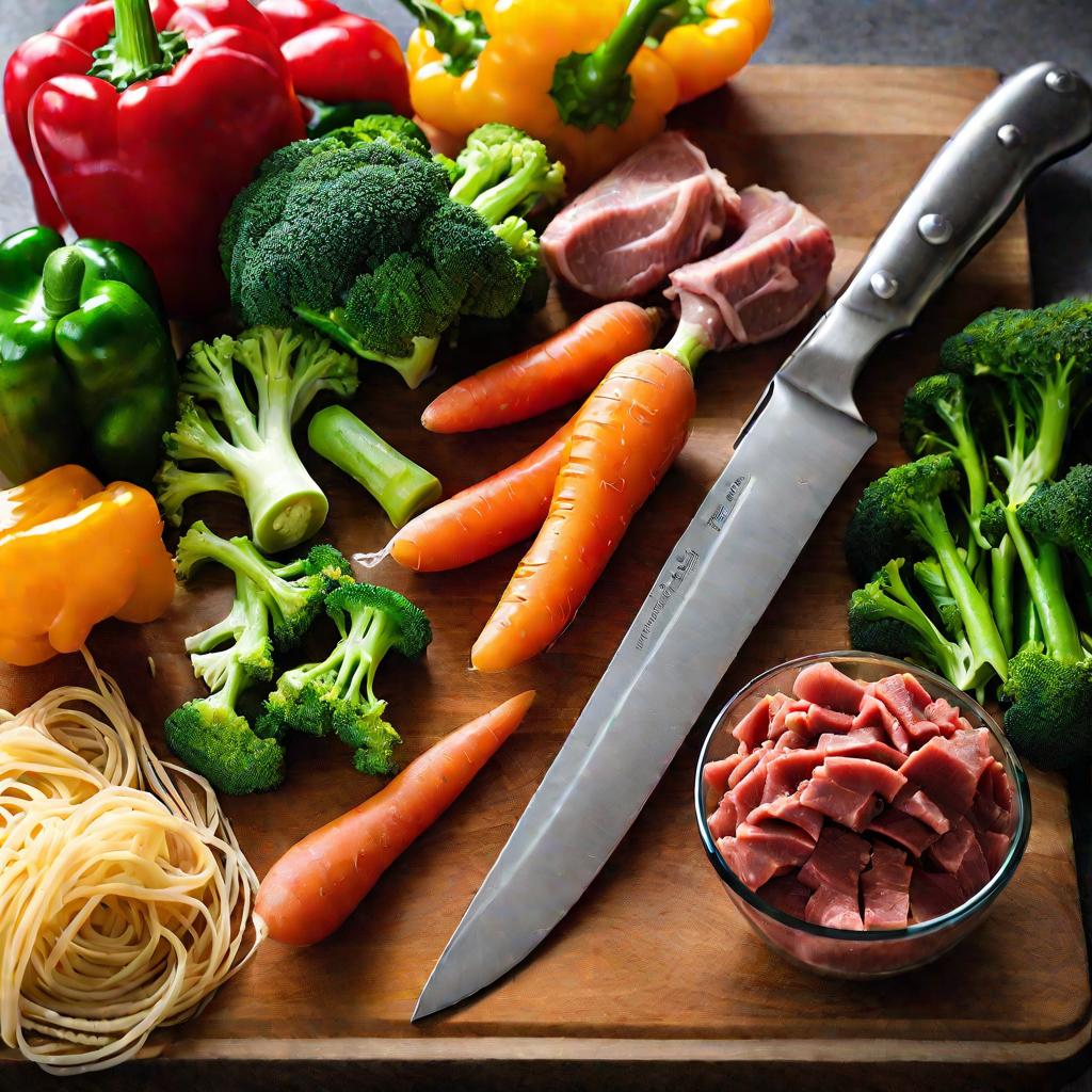 Овощи, нож и разделочная доска для макарон по-флотски с овощами