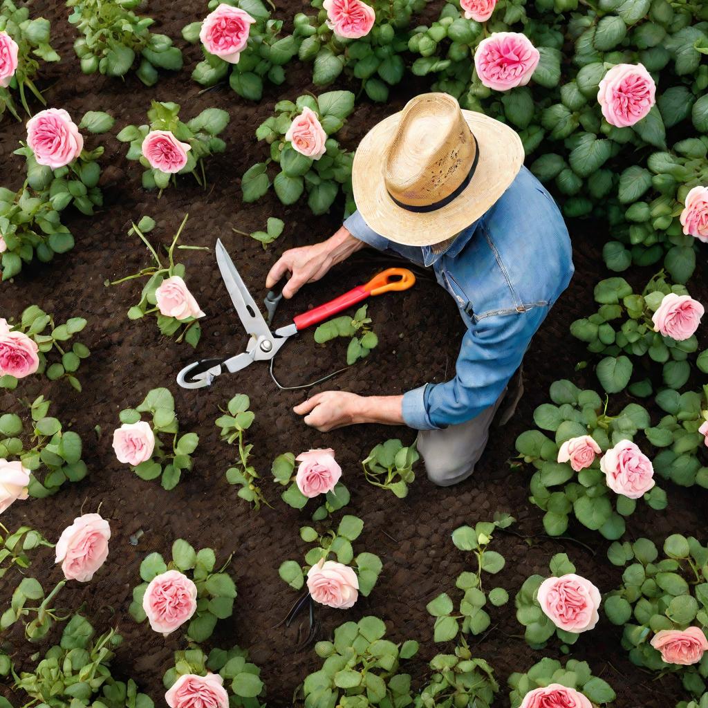 Садовник обрезает китайскую розу