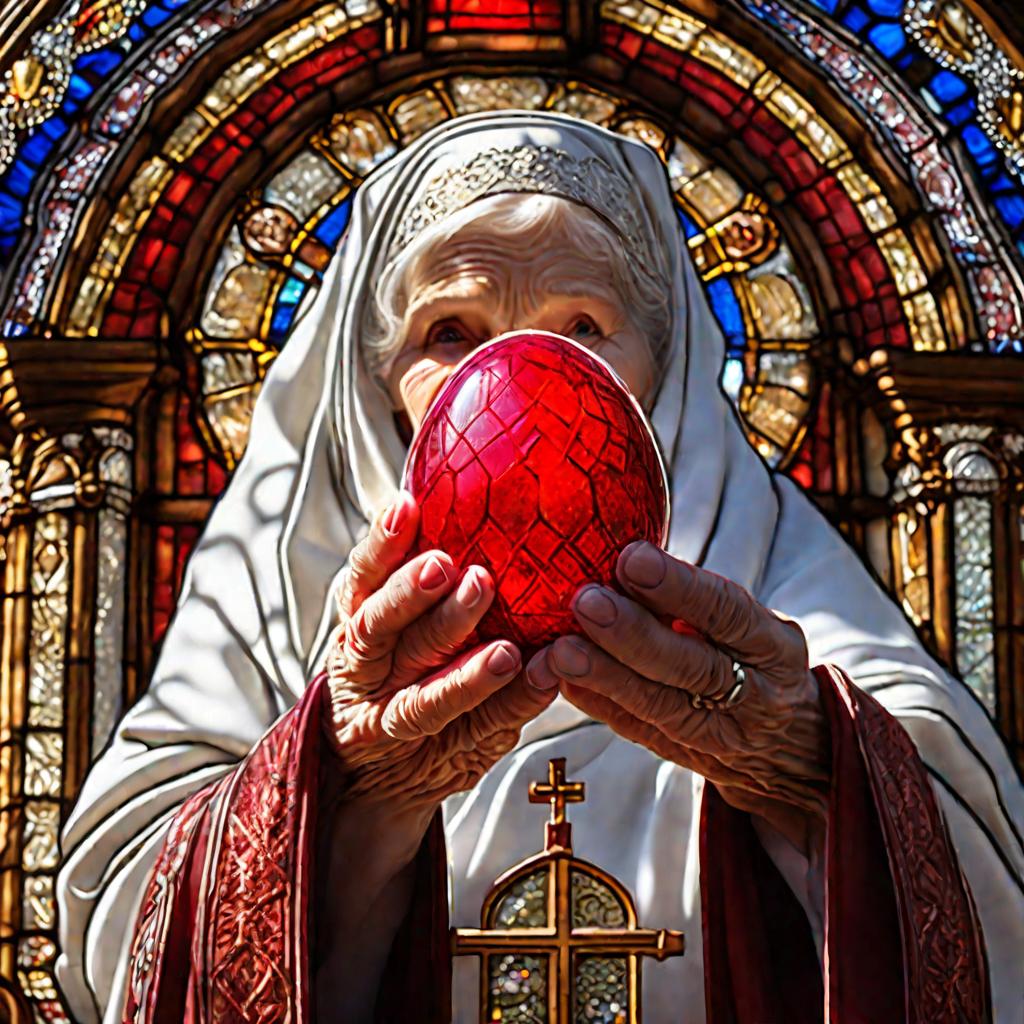 Бабушка держит красное пасхальное яйцо в церкви