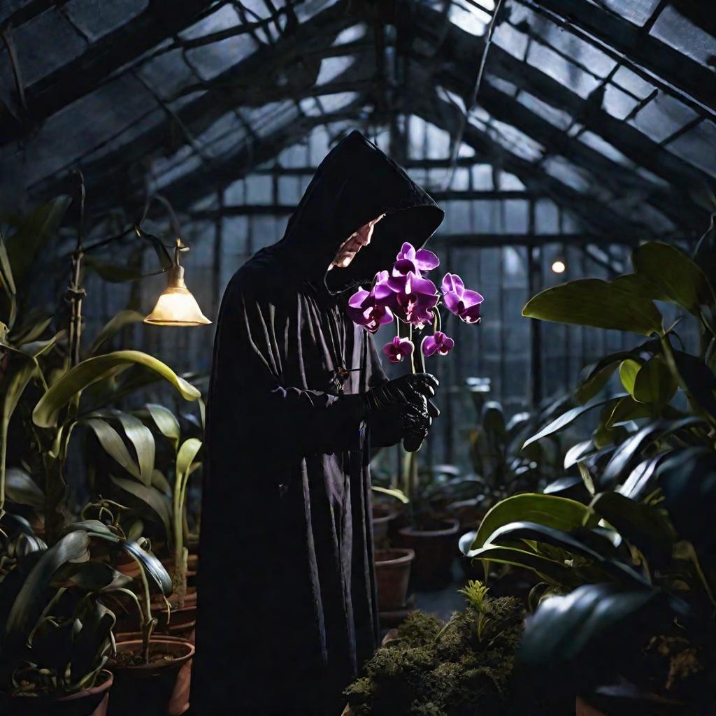 Таинственная пересадка черной орхидеи ночью в викторианской оранжерее