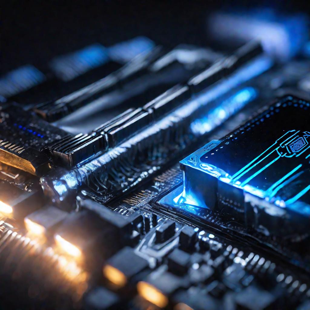 Снимок светящихся голубым модулей памяти DDR5.