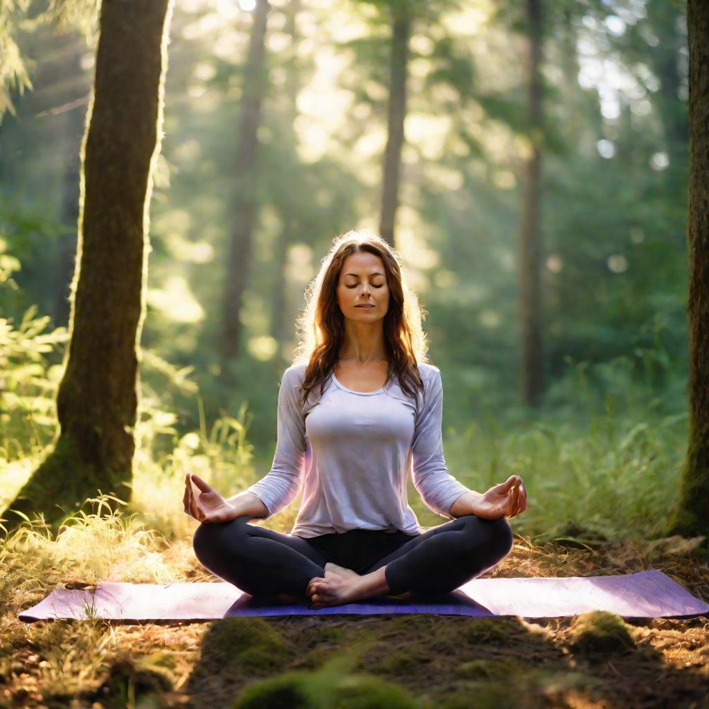 Женщина медитирует в лесу.