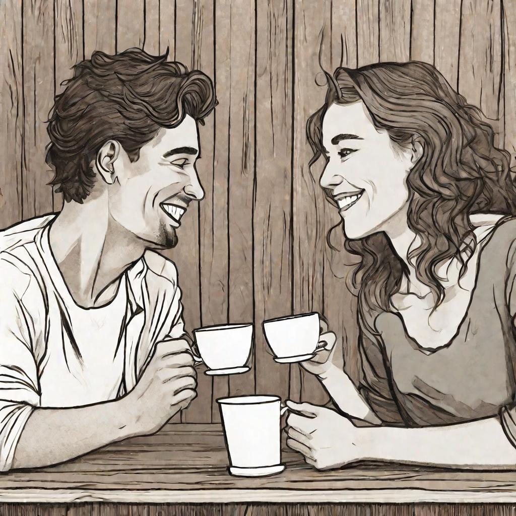 Мужчина и женщина улыбаются друг другу за кофе