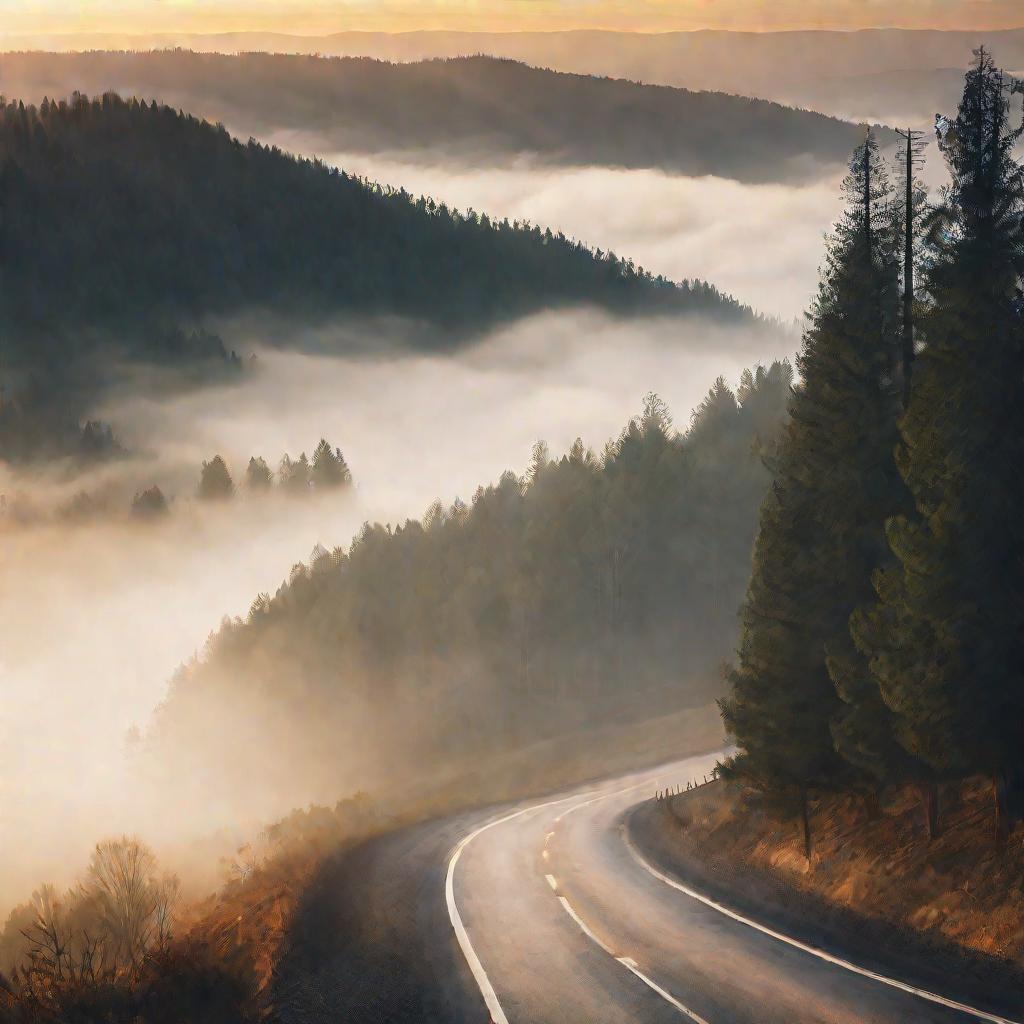Драматичный вид туманной горной дороги на рассвете