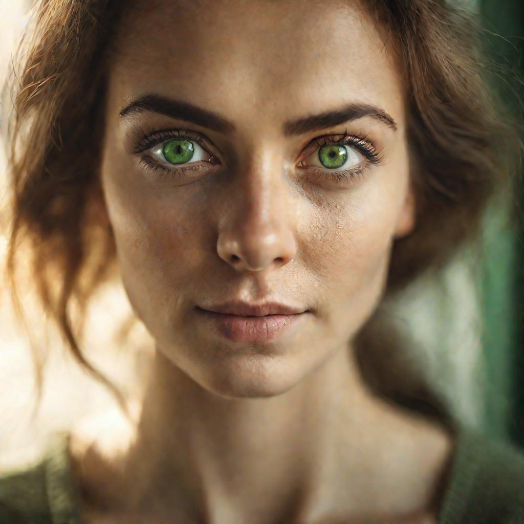 Женщина с большими зелеными глазами смотрит прямо в камеру на фоне мягкого солнечного света из окна в теплых тонах