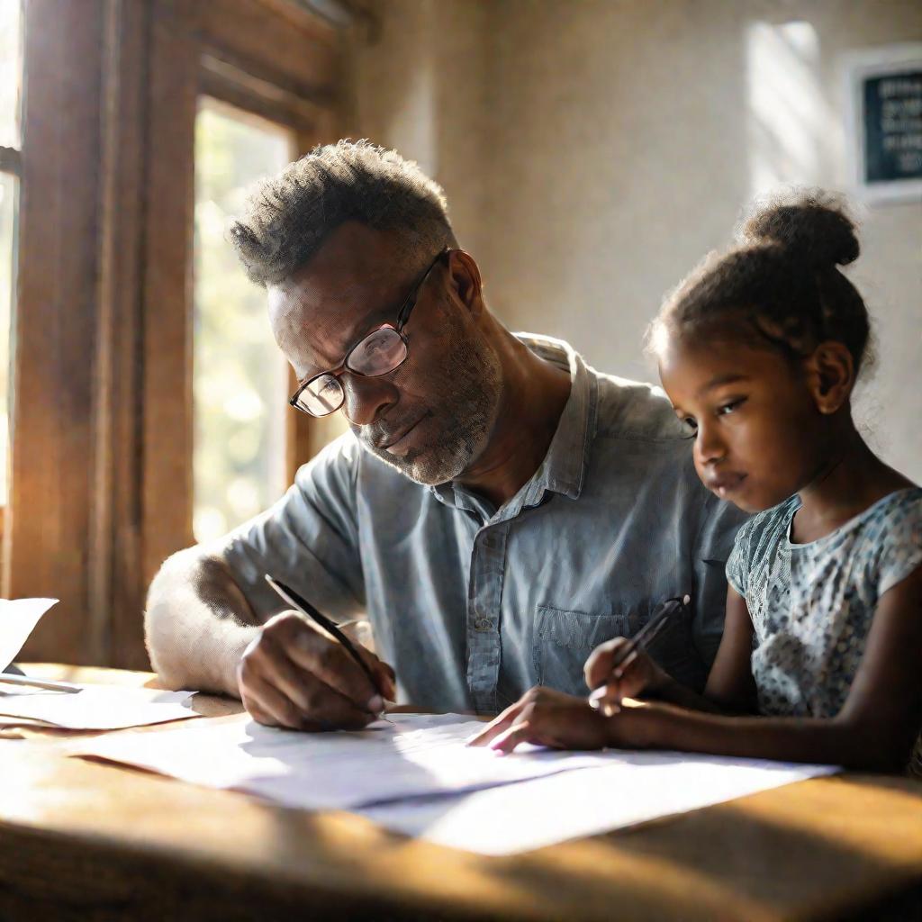 Отец за столом внимательно заполняет регистрационные документы на дочь, стоящую рядом, утренний свет струится в окно позади них