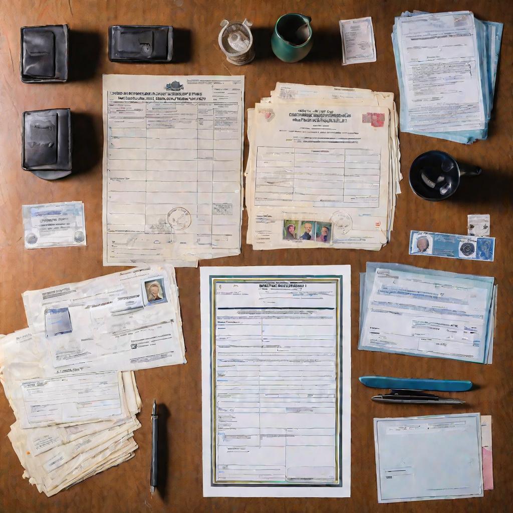 Рабочий стол в регистрационном органе, аккуратно разложены документы: свидетельство о рождении, удостоверения личности, бланки, печати