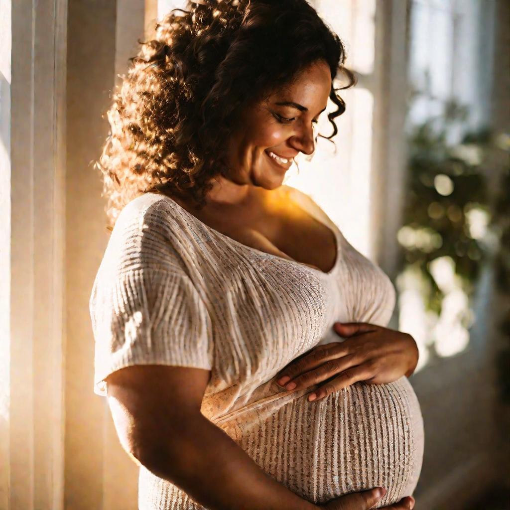 Беременная женщина ласково прикасается к своему животу