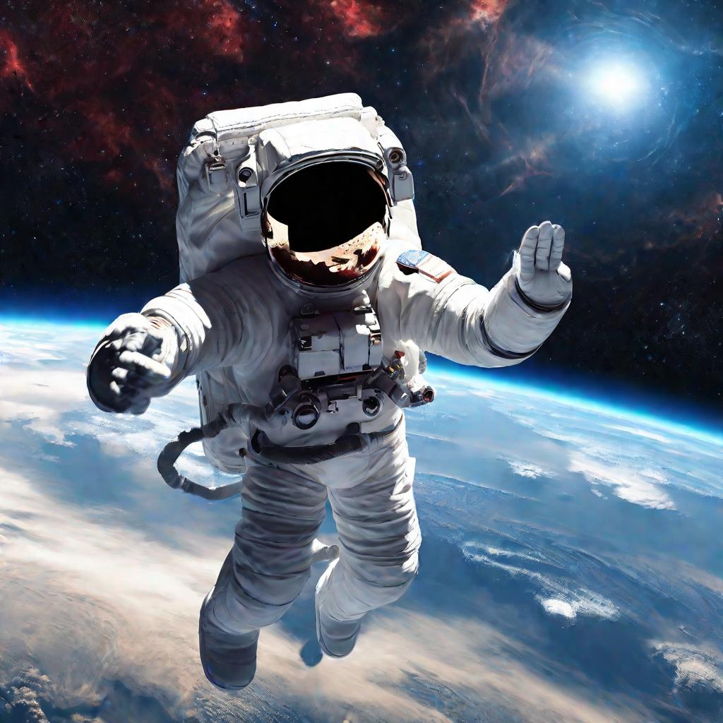 Астронавт в открытом космосе напротив голубой планеты Земля.