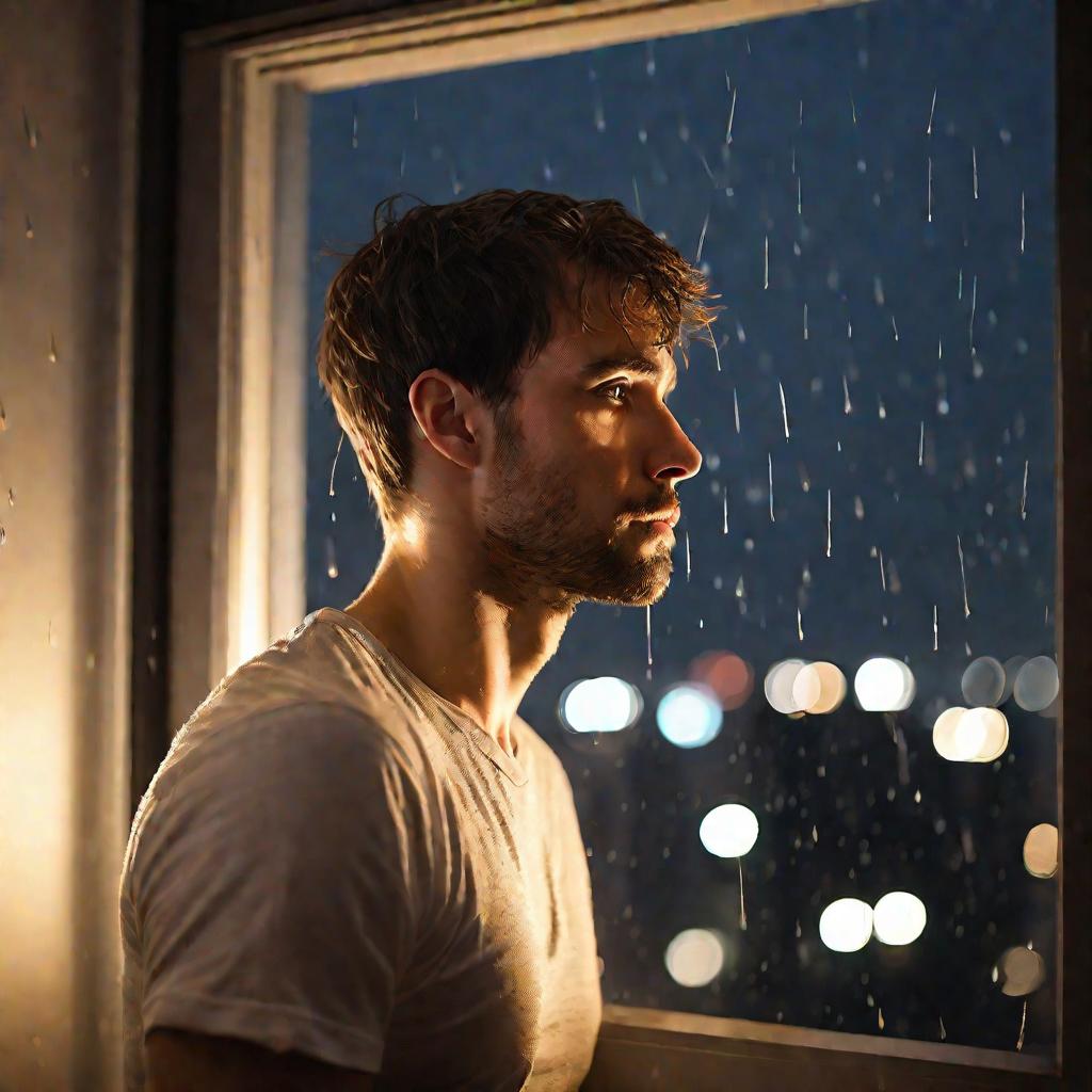 Молодой человек смотрит в окно ночного города в дождь