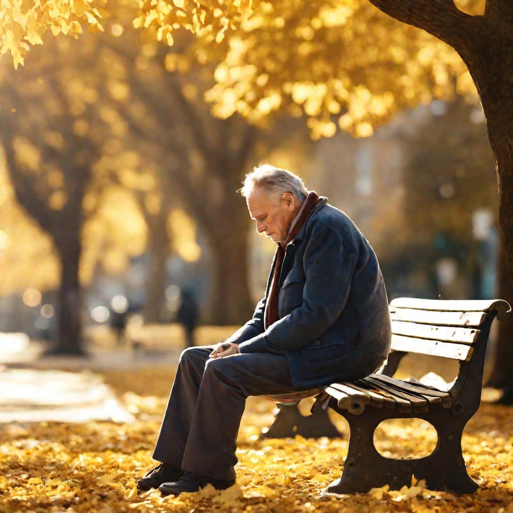 Мужчина с ХОБЛ на скамейке в парке осенью
