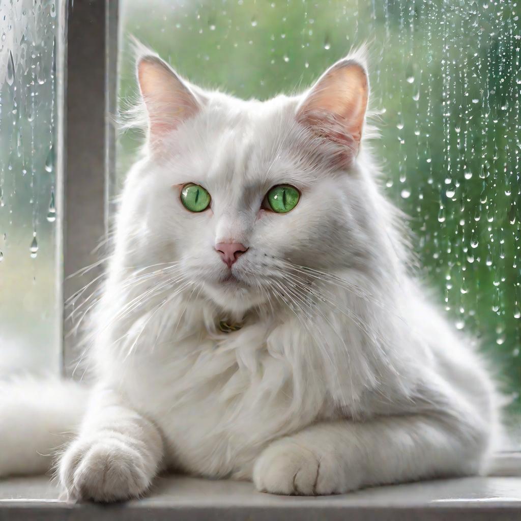 Красивая белая кошка с завораживающими зелеными глазами сидит расслабленно на подоконнике и смотрит на улицу в пасмурный день. Мягкий естественный свет создает умиротворенное настроение.