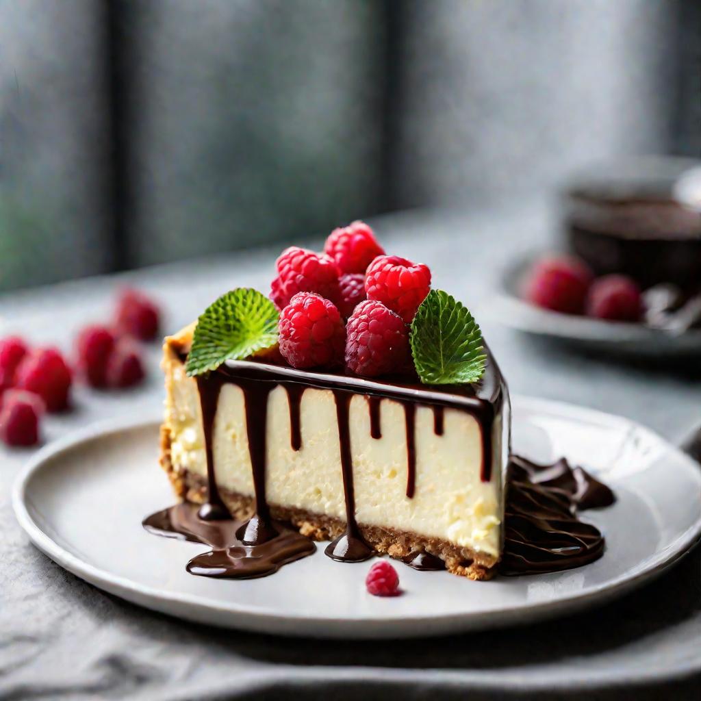 Трехъярусный творожный торт с ягодами и шоколадом на тарелке