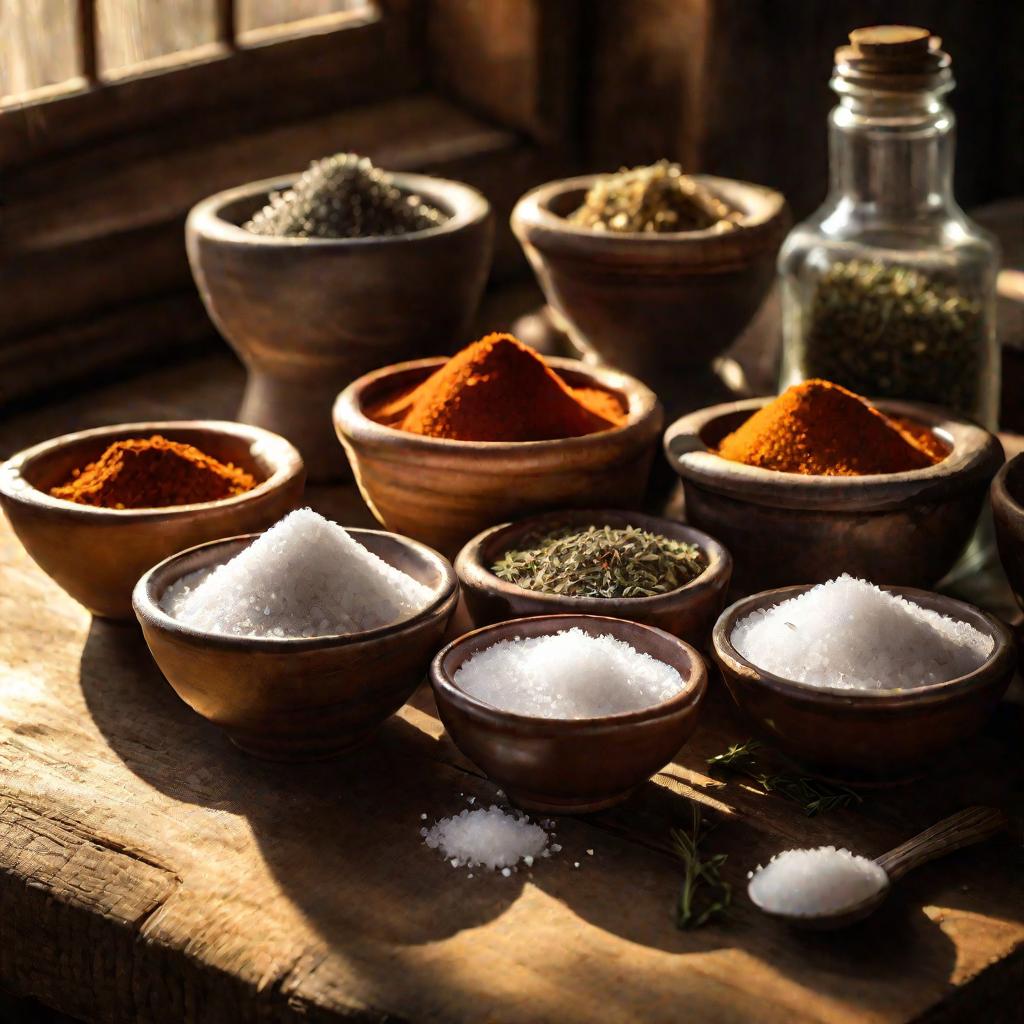 Соль, сахар и специи в мисочках на деревянном столе на закате
